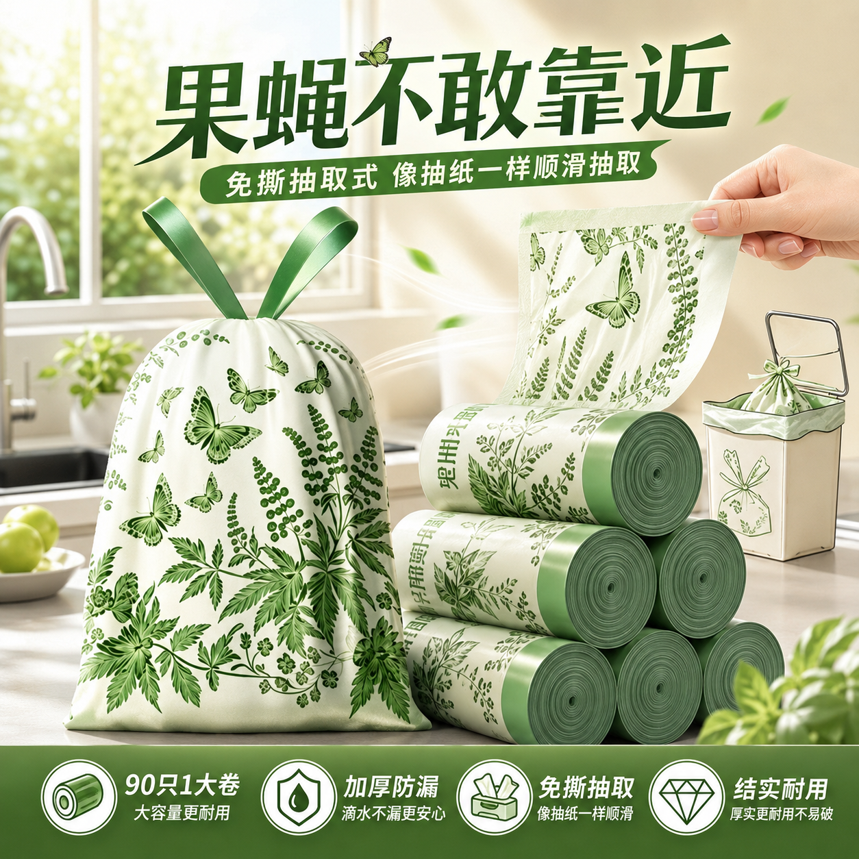 免撕艾草香味垃圾袋加厚家用手提式垃圾袋家用特厚超厚家用实惠装
