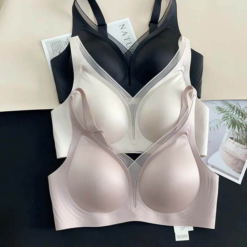 新款光面无痕半固定薄杯舒适透气内衣女网纱V领聚拢收副乳文胸罩