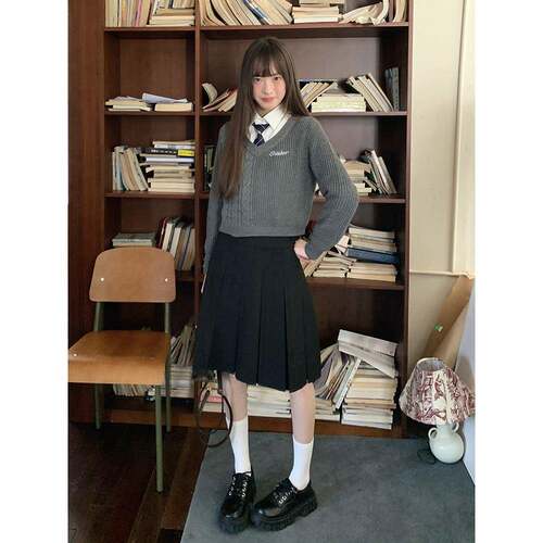 日本风格Jk制服百褶裙女子夏季学校风格黑色中长裙黑色修身Look东