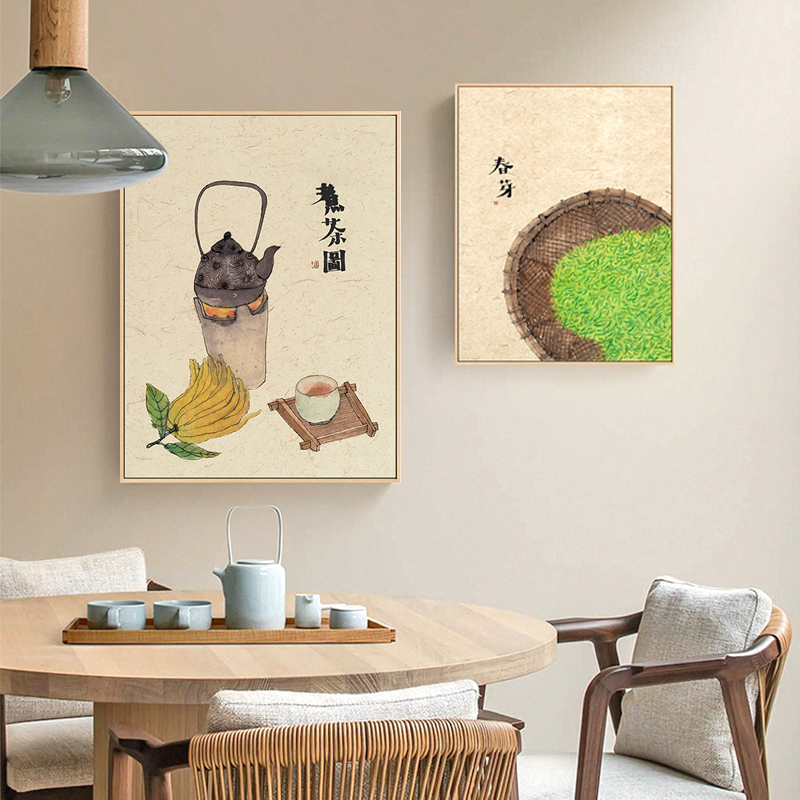 新中式饭厅餐厅装饰画原木风日系茶室茶楼画餐馆饭店墙面挂画图片