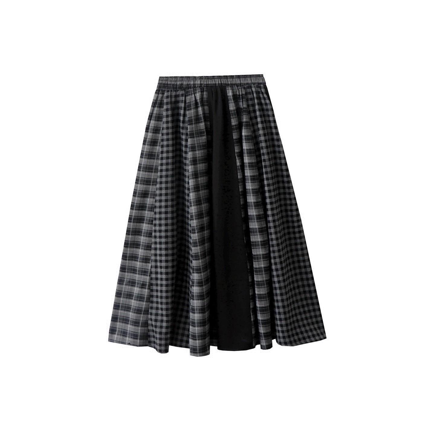 2025秋季新款艺术感穿搭复古设计感格纹拼接松紧腰半身裙大摆长裙