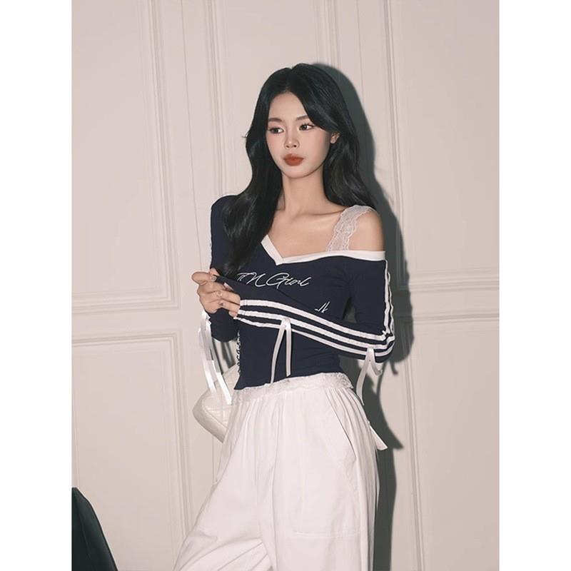 高弹彩棉罗纹】美式藏蓝别致蕾丝假两件