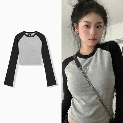 2234#长袖t恤薄款2025秋季新款短款修身插肩袖圆领打底衫上衣女装