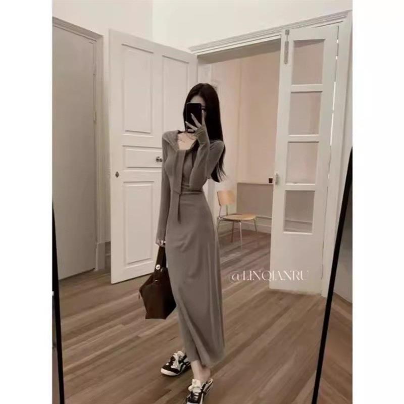 法式高级感披肩系带假两件针织连衣裙女秋冬纯欲温柔气质打底长裙