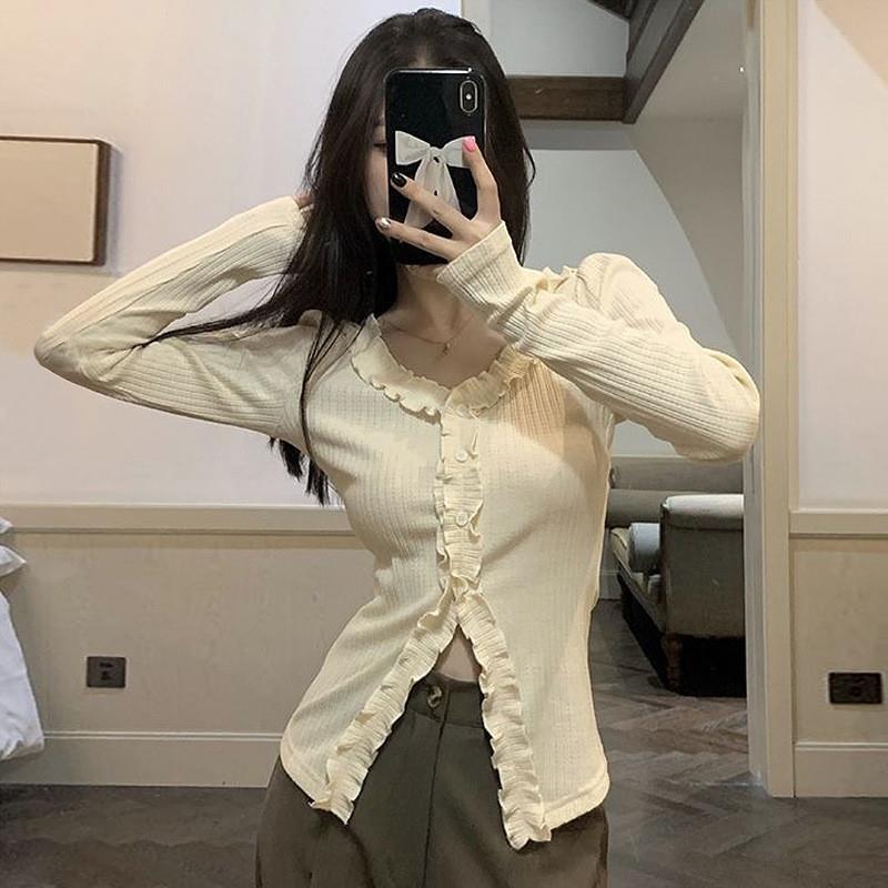 法式甜辣纯欲风荷叶花边领打底衫女初秋洋气百搭长袖内搭T恤上衣