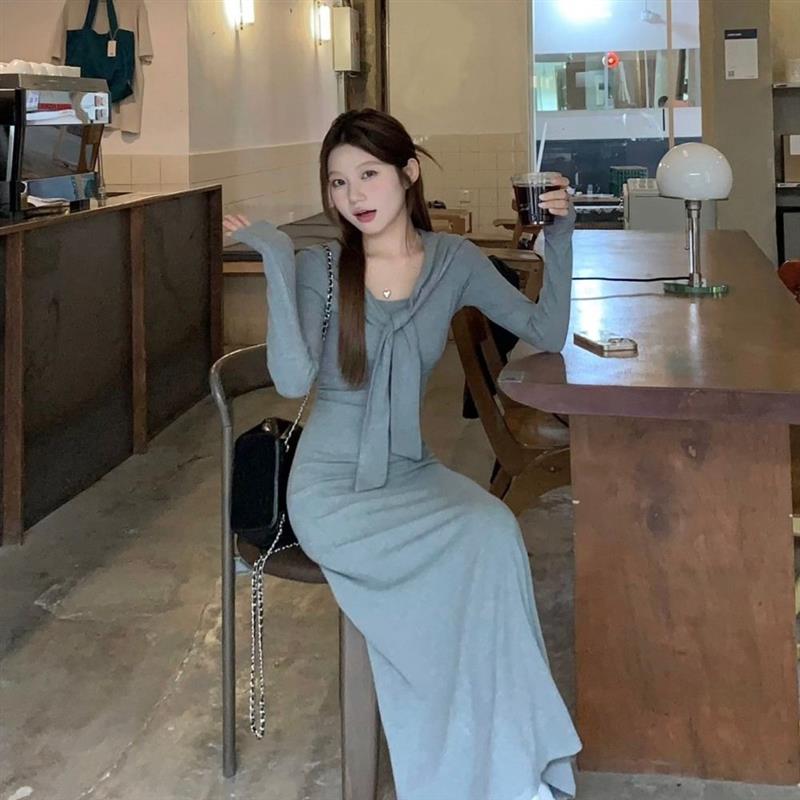 假两件系带披肩长袖舒肤连衣裙女春秋收腰显瘦内搭打底包臀长裙子