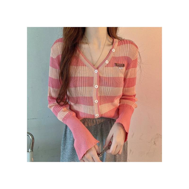 秋季新款长袖粉色条纹上衣女修身显瘦v领t恤女减领百搭针织打底衫