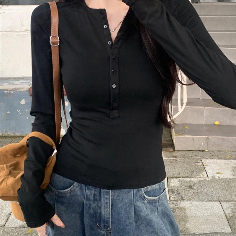 514#实拍 40支纯棉(92棉/8氨纶) 2025秋装长袖T恤女纽扣开领