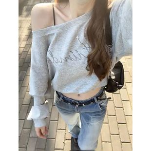 上衣 显瘦短款 亚马逊速卖通eBay独立站烫钻字母斜肩长袖 卫衣女修身