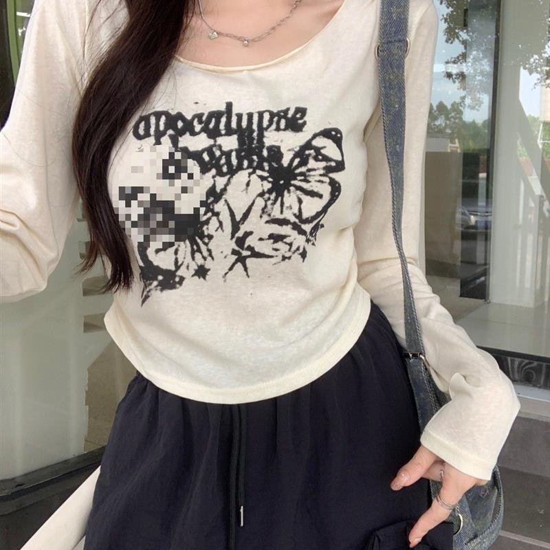 878#实拍 26支纯棉(100%棉) 2025秋装长袖T恤女微透印花