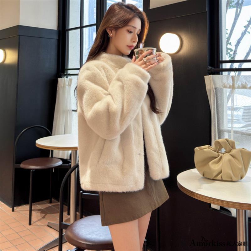 秋冬新款仿水貂绒环保毛毛皮草外套女短款款连帽皮毛一体爆款