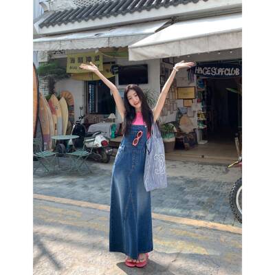 MULVAN 复古牛仔背带裙女夏新款收腰休闲显瘦开叉长款连衣裙