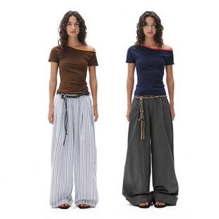 SHALL NOT UNTRUE 覆古撞色斜肩上衣女短款露肩修身显瘦短袖T恤