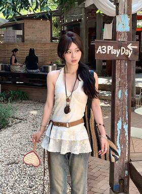 Adan挂颈荷叶边上衣夏季新款韩系百搭修身显瘦气质提花短款吊带女