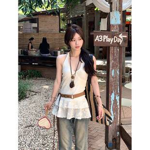 显瘦气质提花短款 韩系百搭修身 吊带女 新款 Adan挂颈荷叶边上衣夏季