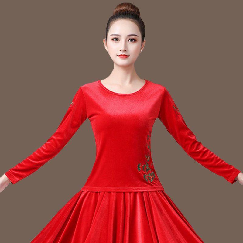 杨丽萍广场舞服装单件金丝绒跳舞上衣中老年舞蹈服半身裙演出长裙