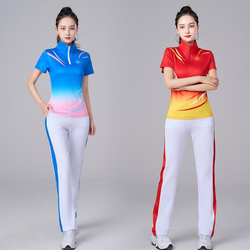 广场舞服装女套装渐变短袖健身跳舞蹈服休闲显瘦运动服团队演出服