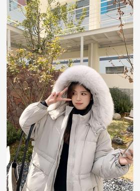 llt羽绒服女中长款韩版宽松新款黑色2025过膝加厚毛领小个子外套