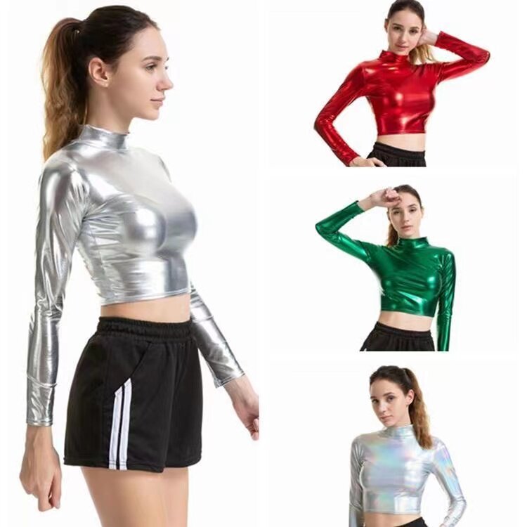 女士银色涂胶短款仿皮上衣爵士舞蹈表演服漆皮紧身长袖小高领T恤