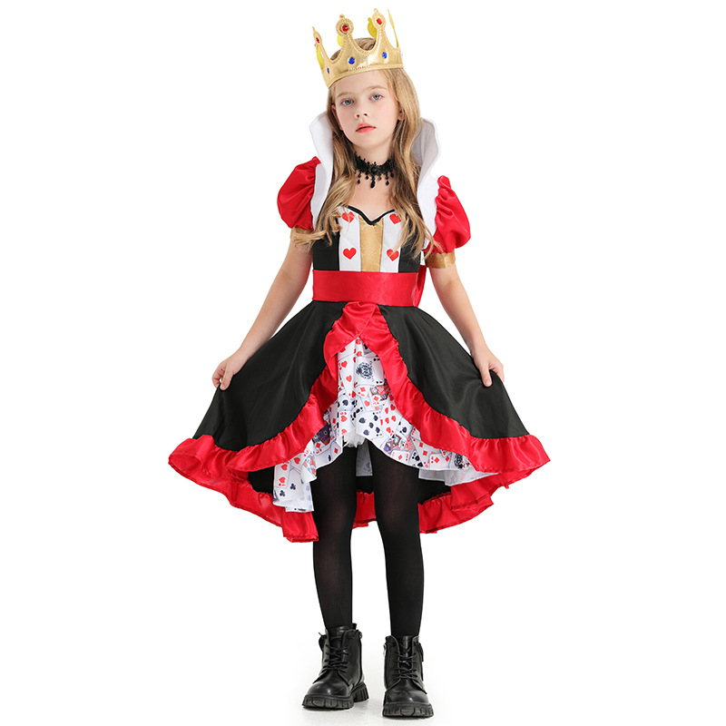 万圣节儿童扑克女王cosplay连衣裙皇冠项链套装女孩童话表演服