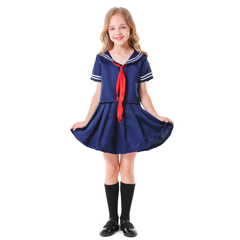 儿童日系动漫风JK学生制服女孩深蓝色水手服可爱短袖上衣百褶短裙