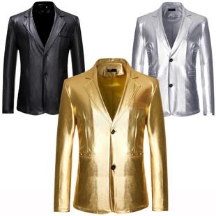 男士 街头风烫金西服外套歌手主持人舞台礼服 金色银色亮面仿皮西装