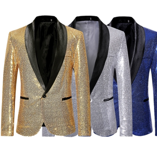 外套主持人礼服歌手舞台表演服 休闲西装 男士 金银色亮片西服加大码