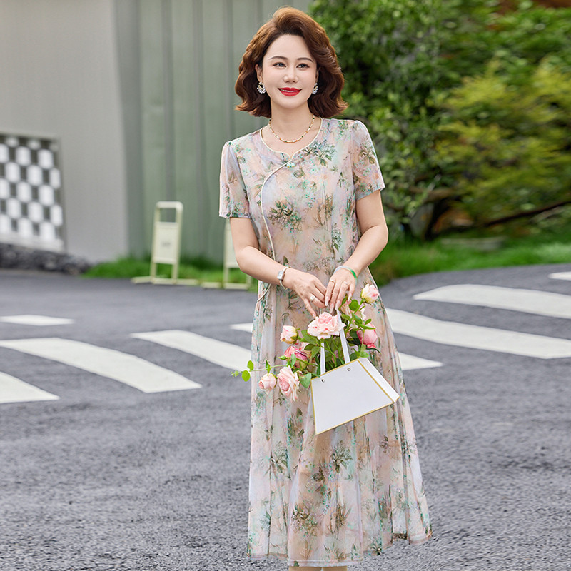 时尚印花短袖连衣裙中老年女装妈妈夏季洋气中长款减龄裙子气质