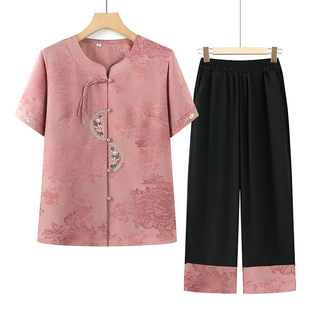奶奶夏装中国风圆领短袖印花套装老年人女装老太太夏季两件套薄款