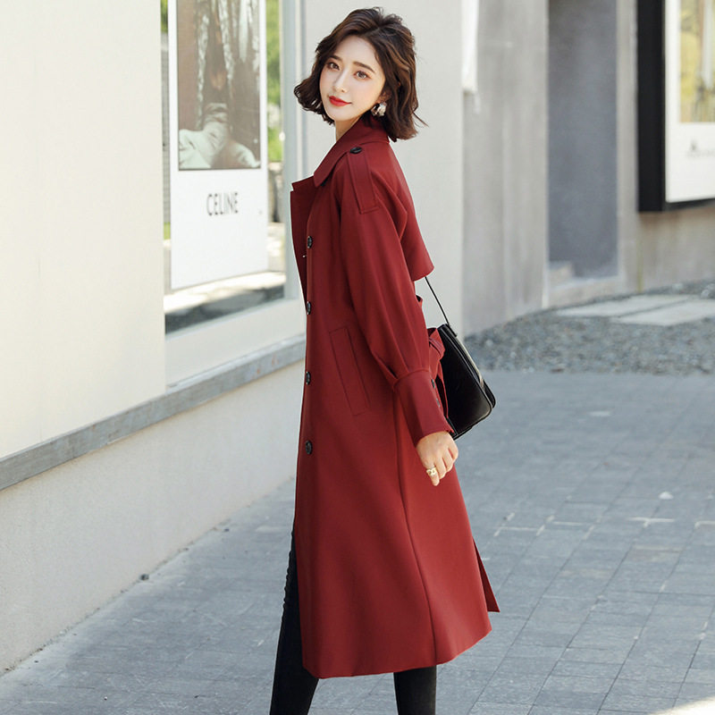 高端品质风衣女中长款2025新款垂感过膝大衣气质酒红色潮流外套