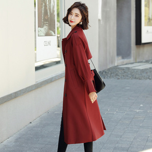 高端品质2026新款风衣女中长款垂感过膝大衣气质酒红色潮流外套