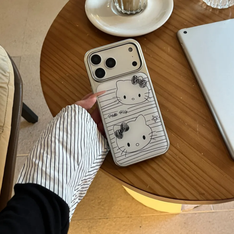 线条涂鸦KT猫iPhone17ProMax电镀水凝手机壳13/14plus轻奢16/15Pro高级感11情侣12pro博主同款x/xs防摔保护套