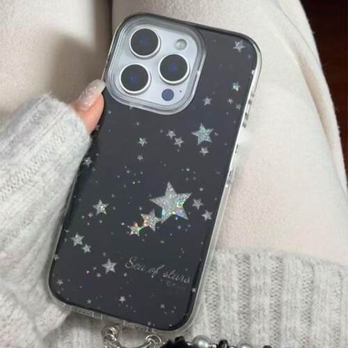 闪粉黑色星星简约透明全包手机套