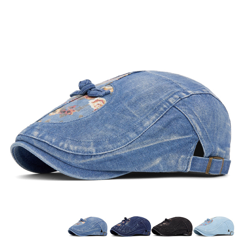 民族风帽子牛仔贝雷帽女士春秋新款水洗做旧鸭舌帽英伦复古前进帽