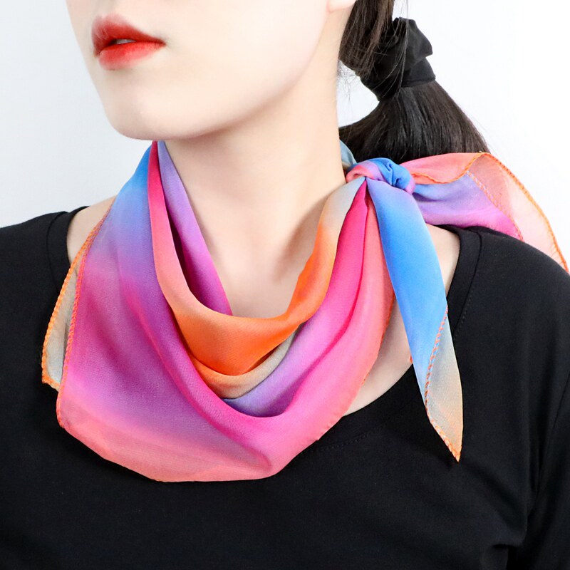 渐变色丝巾夏薄款正方形时尚妈妈雪纺小方巾护颈领巾舞蹈道具纱巾