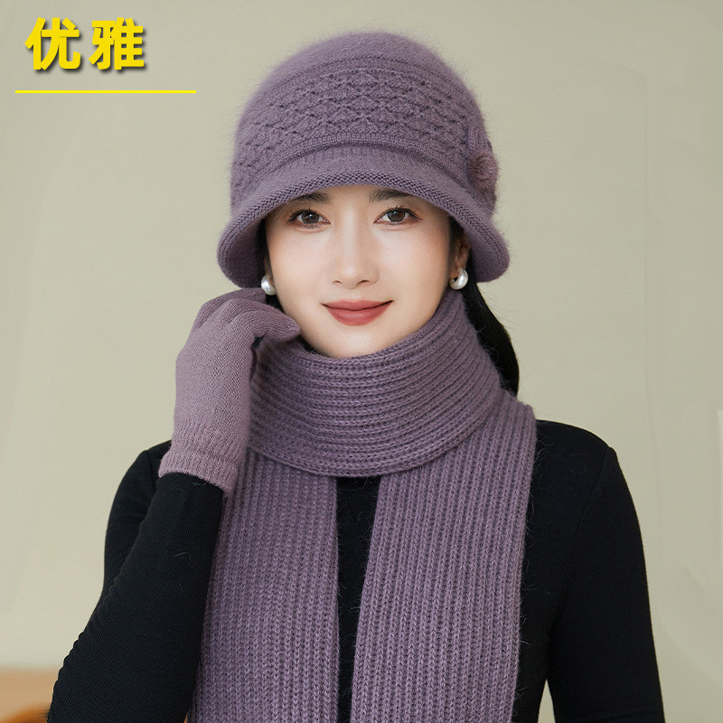 中老年妈妈帽子女秋冬洋气加绒加厚保暖毛线帽老人防寒围巾两件套