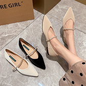 优雅尖头珍珠玛丽珍单鞋 41到43 女鞋 女软底平跟浅口单鞋 宽胖脚大码