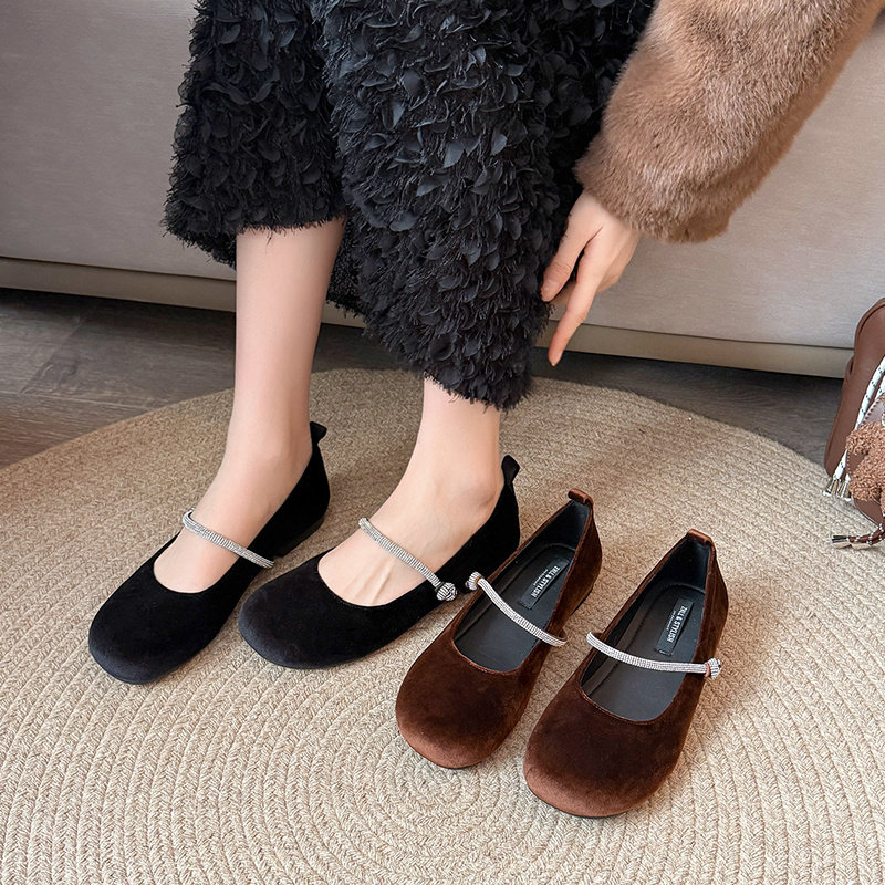 复古水钻一字带玛丽珍单鞋圆头浅口平底鞋女宽胖脚大码女鞋41到43,女鞋,浅口单鞋,淘宝优惠券,粉丝福利购,淘宝优惠卷