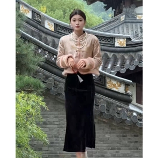 女秋冬优雅显瘦外套半身裙两件套 风盘扣套装 2025新款 加厚新中式