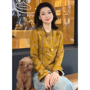 2026春秋新款新中式轻奢衬衫女长袖圆领金色提花高级感减龄通勤风