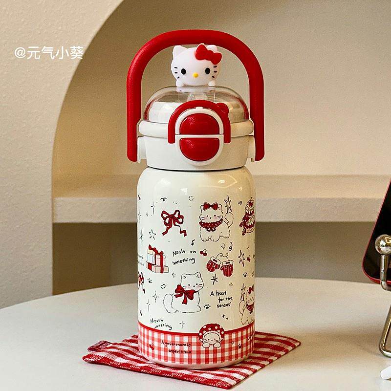 新款猫咪保温杯ins女生简约食品级316不锈钢双饮吸管学生水杯