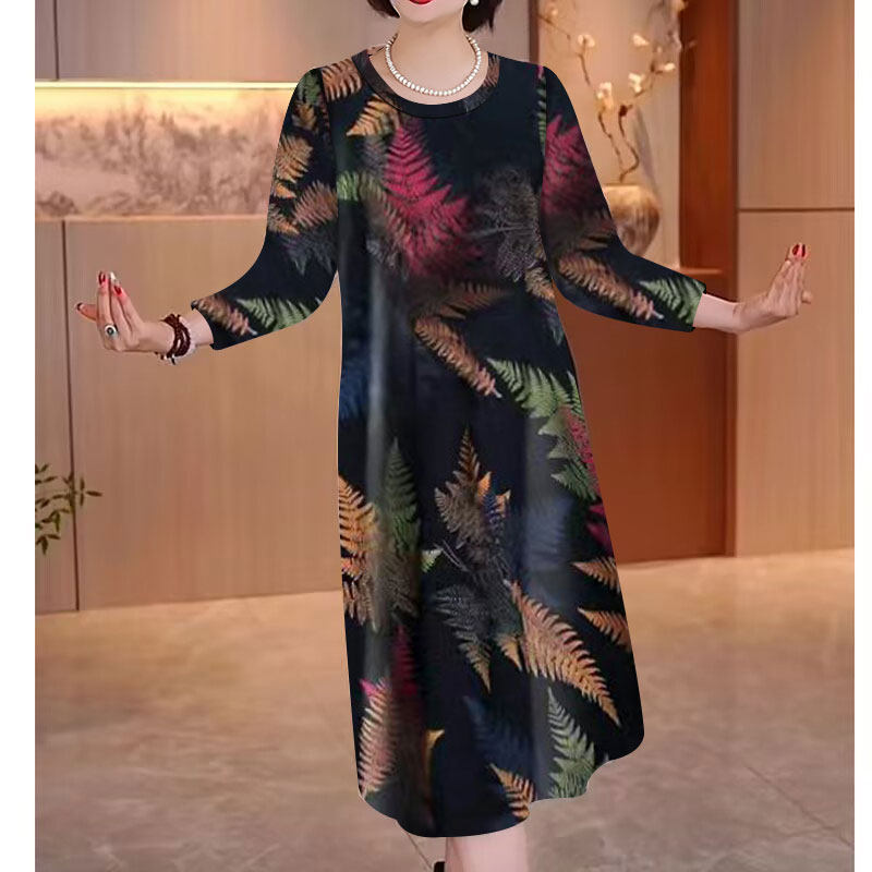春夏妈妈装洋气40岁到50岁新款高档遮肚长袖宽松秋冬中老年连衣裙