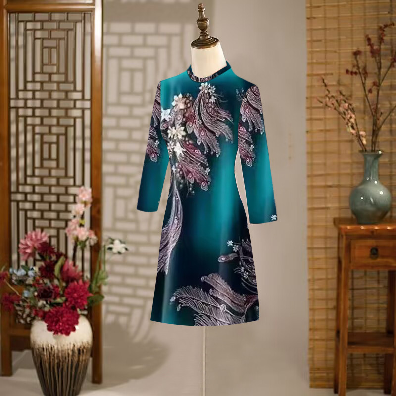 气质淑女大码中老年妈妈中长裙女春秋新款时尚洋气显瘦长袖连衣裙