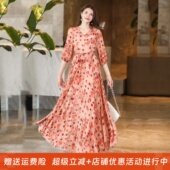 2025年春秋冬V领印花连衣裙收腰显瘦长裙妈妈款 短款 小个子沙滩裙