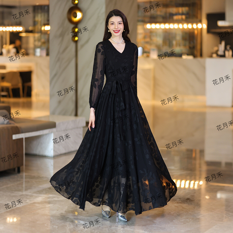 2025年新款春秋冬优雅气质大摆连衣裙收腰显瘦长裙雪纺裙沙滩裙子