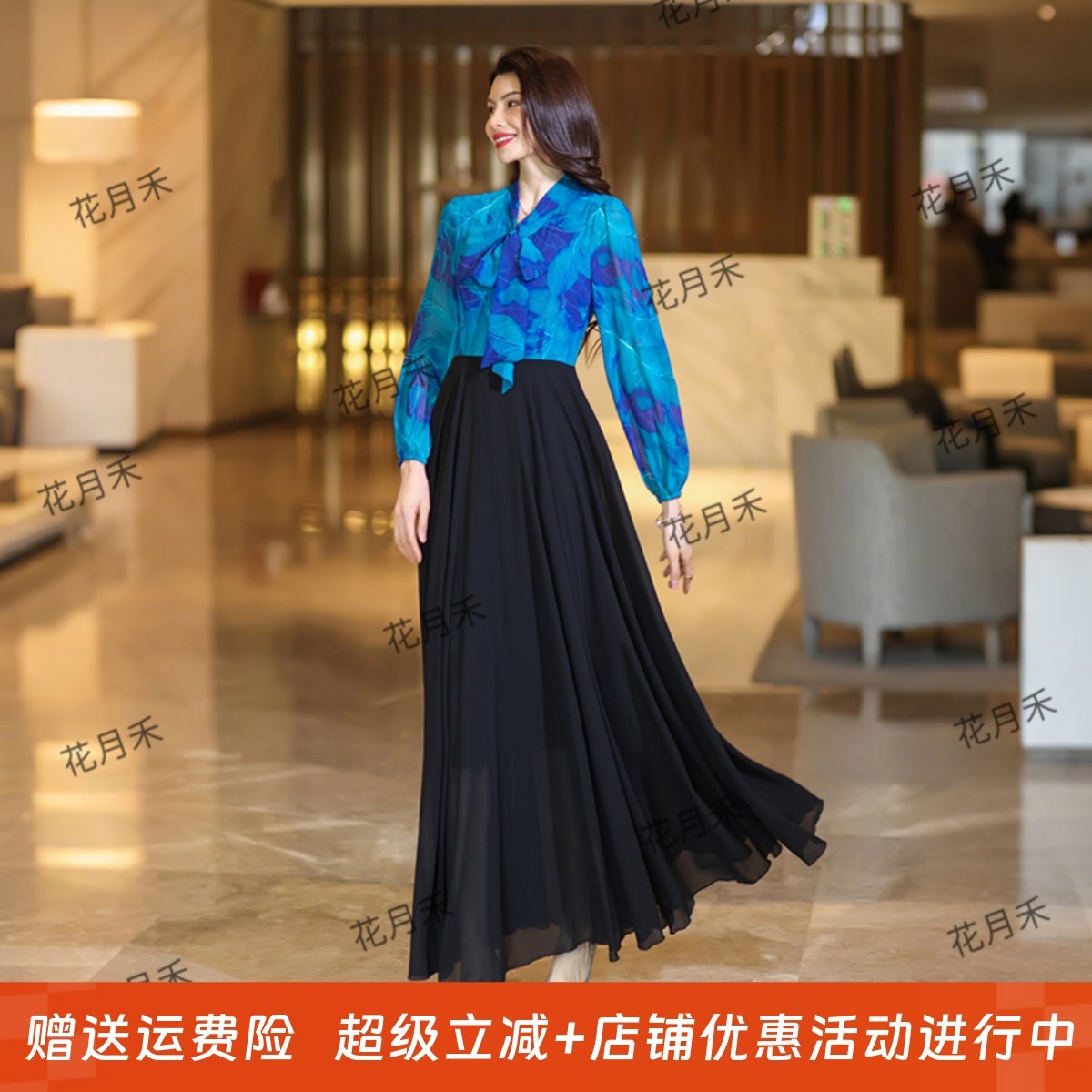 2025年新款春秋冬V领长袖大摆连衣裙收腰显瘦度假雪纺裙沙滩裙子,女装/女士精品,连衣裙,淘宝优惠券,粉丝福利购,淘宝优惠卷