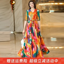 2025年春夏秋V领印花连衣裙收腰显瘦长裙妈妈款短款小个子沙滩裙