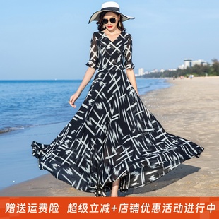 2026年夏季新款大摆短袖连衣裙收腰显瘦旅游度假长裙雪纺裙沙滩裙