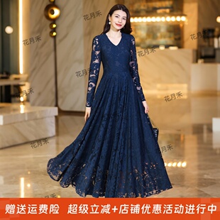 2025年秋冬季长袖大摆连衣裙收腰显瘦旅游度假长裙雪纺裙沙滩裙子