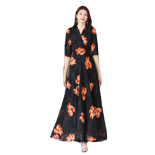 2025年春秋冬收腰显瘦长裙V领印花连衣裙妈妈款短款小个子沙滩裙